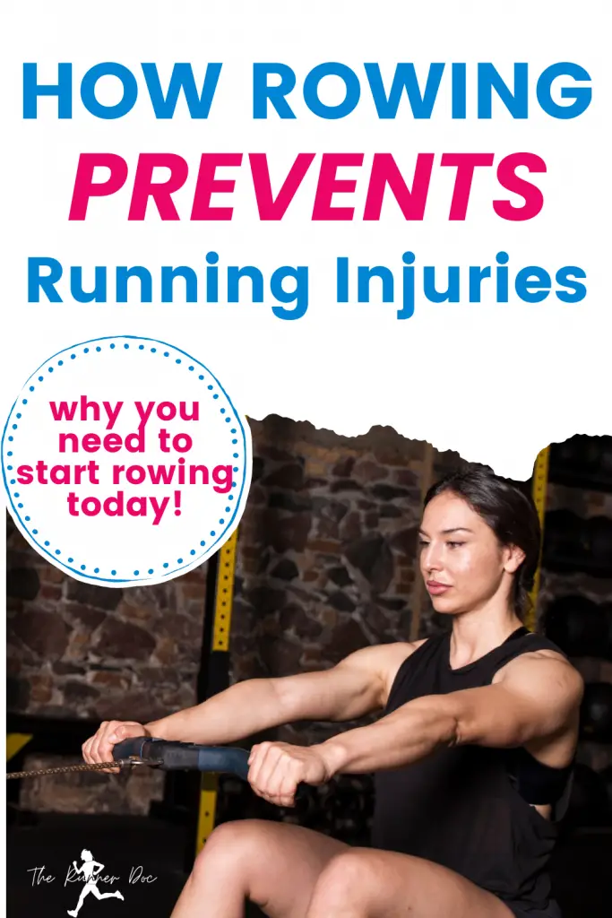 how rowing can prevent injuries for runners. Picture of woman on a rowing machine with text blue and pink text about preventing injuries for runners with a rower.