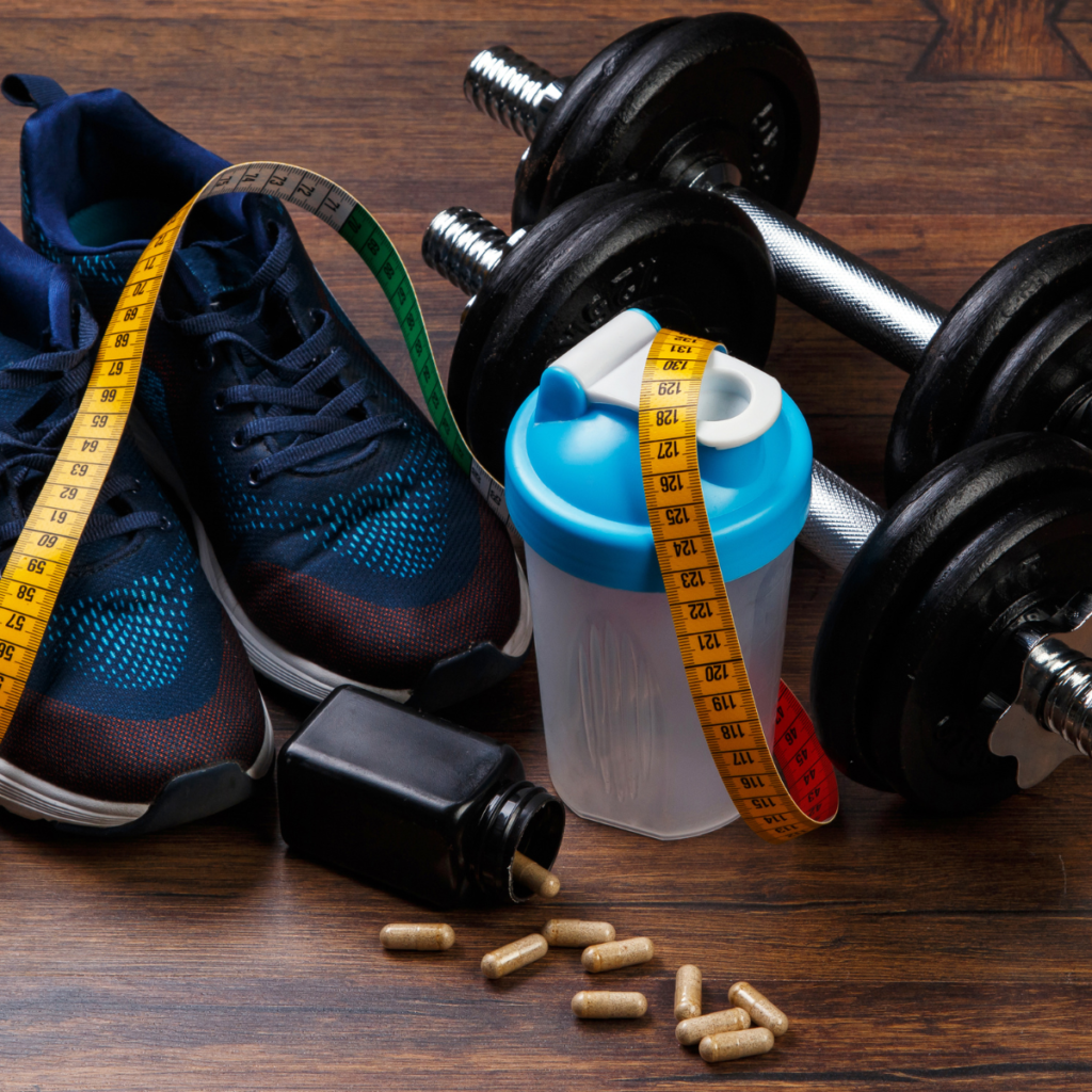 Discover 6 amazing benefits of BCAAs for runners. Improve endurance, reduce muscle soreness, and enhance recovery with this essential guide. picture of various gym gear including dumbbells, shoes, a shaker bottle, and bcaa supplements for runners
